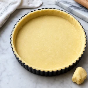 Butter tart dough pressed into the bottom and sides of a fluted tart pan.