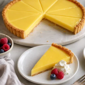 Chilled lemon tart sliced into wedges with whipped cream and berries.