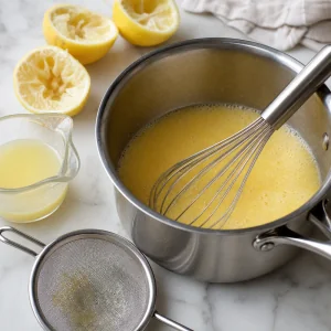 Eggs and strained lemon juice whisked into lemon sugar.