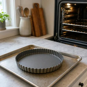 Empty fluted tart pan set on a rimmed baking sheet for baking.