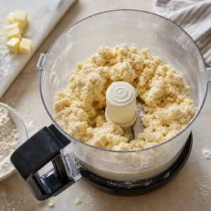 Food processor bowl with butter tart dough gathered into large clumps.