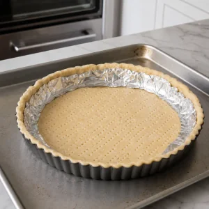 Frozen tart crust pricked with a fork and covered tightly with greased foil.