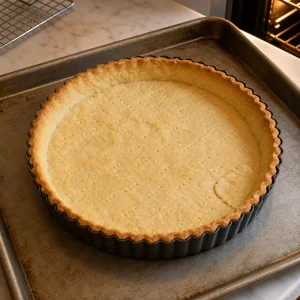 Golden parbaked tart shell after the foil has been removed.