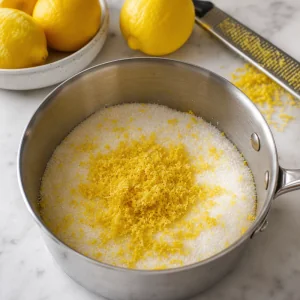 Lemon zest rubbed into sugar in a saucepan for the filling.
