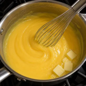 Thick lemon curd cooking in a saucepan with butter melting in.