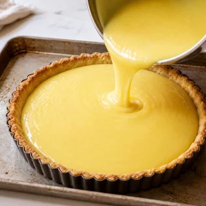 Warm lemon curd poured into a golden parbaked tart shell.
