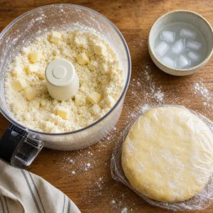 Manteiga e farinha combinadas em massa para a crosta da torta de limão com merengue