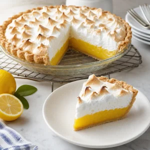 Torta de limão com merengue fatiada mostrando creme firme e merengue tostado