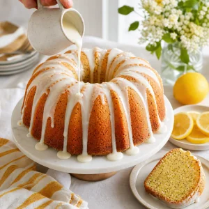Drizzling buttermilk glaze over a cooled lemon poppy seed bundt cake.