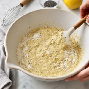 Gently folding lemon poppy seed batter until just combined with a few flour streaks.
