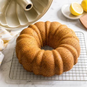 Golden lemon poppy seed bundt cake cooling on a wire rack.