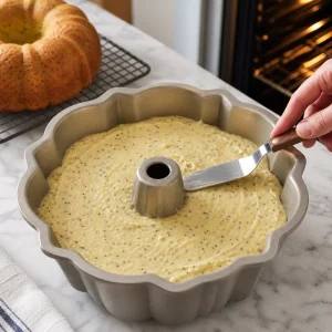 Smoothing lemon poppy seed batter in a prepared bundt pan before baking.