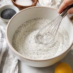 Whisking flour, sugar, leaveners, salt, and poppy seeds in a mixing bowl.