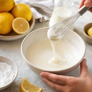 Whisking powdered sugar, buttermilk, and lemon juice into a pourable glaze.
