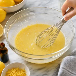 Whisking the wet lemon cake ingredients with buttermilk and lemon zest.