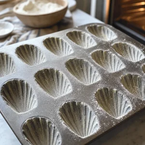 Buttered and floured madeleine pan ready for batter.