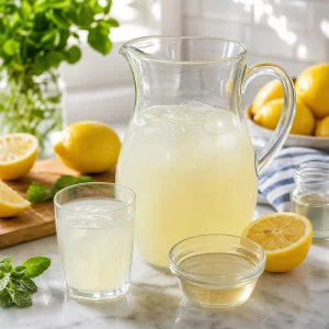 Lemonade pitcher with syrup and lemon for adjusting flavor