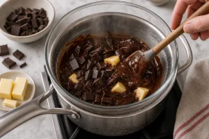 Chocolate negro y mantequilla derritiendose al bano Maria