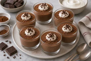 Vasos de mousse de chocolate cuajada con cacao y virutas de chocolate