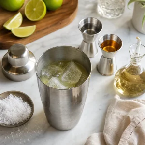 Ice and margarita ingredients in a cocktail shaker