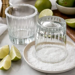 Salt-rimmed rocks glasses with lime wedges