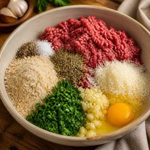 Ground beef mixture with breadcrumbs Parmesan and herbs