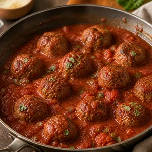 Meatballs simmering in thick tomato sauce