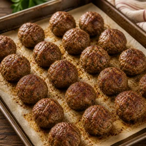 Oven-browned meatballs on a baking sheet