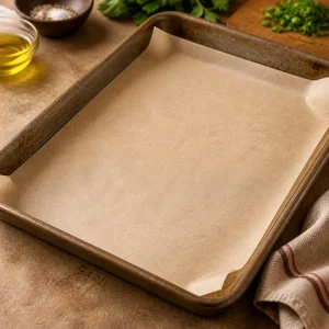 Parchment-lined baking sheet prepared for meatballs