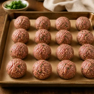 Raw shaped meatballs on parchment