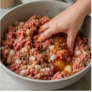 Impasto di manzo macinato mescolato delicatamente con cipolla, uova, ketchup e condimenti