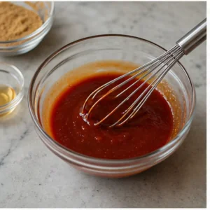 Ketchup, zucchero di canna e aceto di mele sbattuti in una glassa di pomodoro