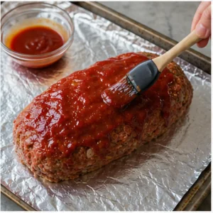 Glassa di pomodoro spennellata sulla parte superiore del polpettone crudo