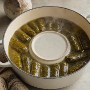 Dolma che sobbollono nel brodo sotto un piccolo piatto.