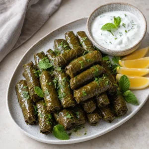 Dolma finiti serviti con yogurt e spicchi di limone.
