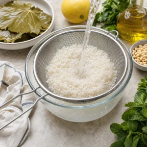 Riso sciacquato in un colino con foglie di vite ed erbe accanto.