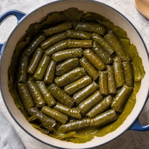 Foglie di vite ripiene disposte strette in una pentola foderata.