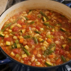Feijao cannellini e massa pequena a cozer em minestrone de tomate com legumes