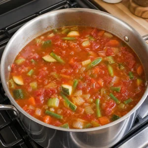 Tomates em cubos e caldo de legumes adicionados a panela de minestrone a borbulhar suavemente
