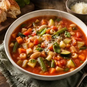 Sopa minestrone classica pronta com legumes, massa, feijao cannellini, manjericao e parmesao