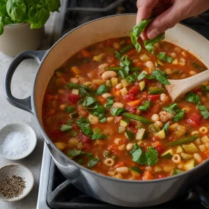 Manjericao fresco misturado na sopa minestrone quente antes de servir