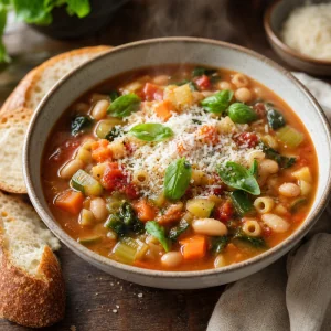 Sopa minestrone servida numa tigela com parmesao, manjericao e pao crocante