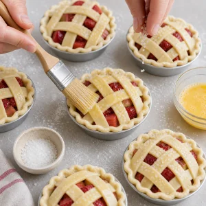 Brushing egg wash on unbaked lattice pies and sprinkling coarse sugar.