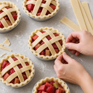 Crimping lattice tops onto raw mini strawberry rhubarb pies.