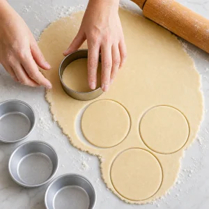 Cutting circles from rolled pie dough for the mini pie crusts.
