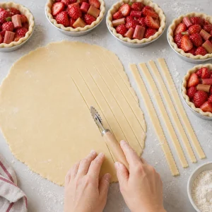 Cutting thin strips of pie dough for lattice tops beside filled mini pies.