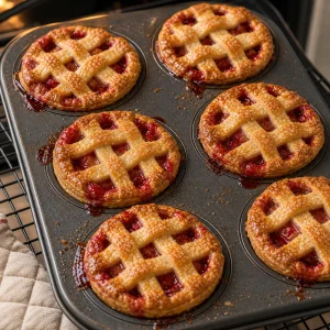 Freshly baked mini strawberry rhubarb lattice pies with bubbling red filling.