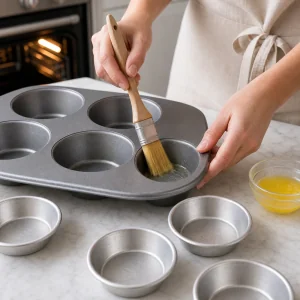 Greasing a jumbo muffin tin and mini pie pans before baking strawberry rhubarb pies.