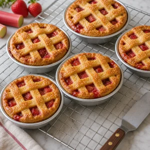 Mini strawberry rhubarb lattice pies cooling in tins on a wire rack.