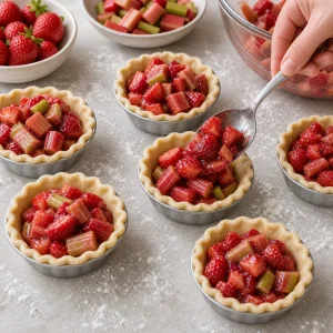 Spooning strawberry rhubarb filling into raw dough-lined mini pie tins.